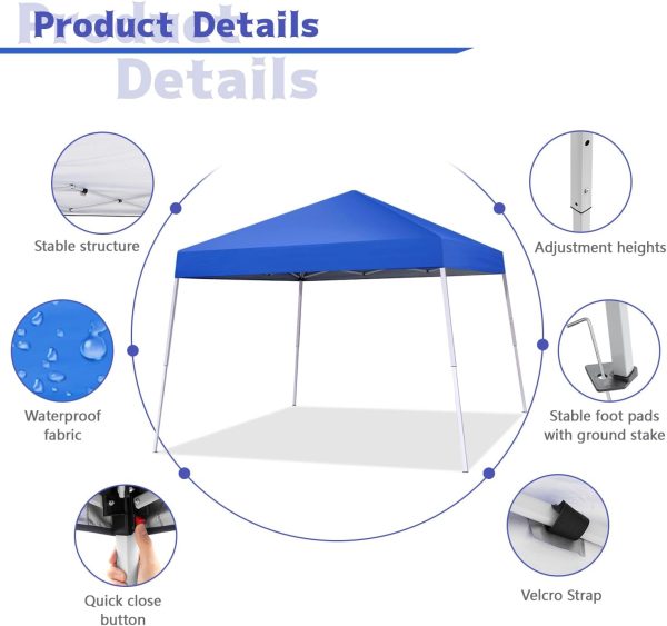 Canopy Tent, 10X10 FT Pop Up Canopy Outdoor Instant Tent Slant Legs with Carrying Bag, Portable Gazebo Shelter for Patio Deck Garden and Beach - 8X8 FT Canopy Cover (Blue) - Image 2