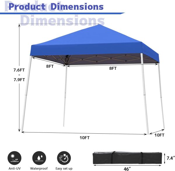 Canopy Tent, 10X10 FT Pop Up Canopy Outdoor Instant Tent Slant Legs with Carrying Bag, Portable Gazebo Shelter for Patio Deck Garden and Beach - 8X8 FT Canopy Cover (Blue) - Image 4