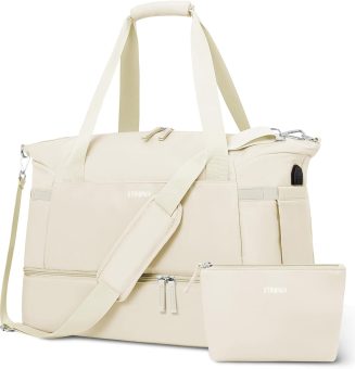 Gym Bag for Women, Personal Item Travel Bag with Shoes Compartment, Weekender Overnight Duffel Bag with Wet Pocket & USB Charging Port, Carry On Bag for Women, Travel, Gym, Weekend (Beige)